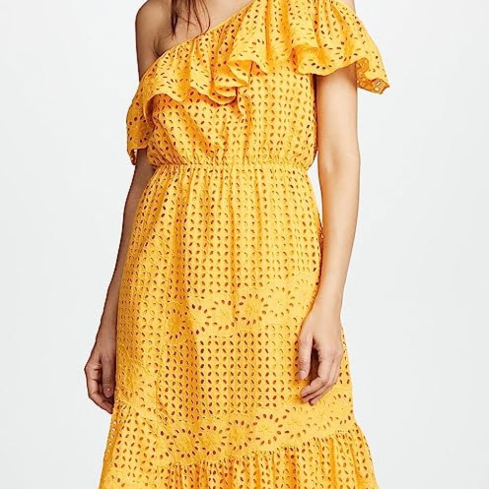 Joie Corynn Cotton Eyelet Lace Ruffle Off The Shoulder Tiered Midi Dress Yellow